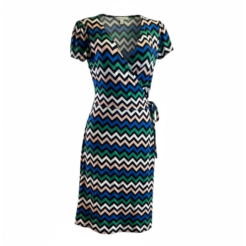 Boden Wrap Dress US 2R Blue Green Chevron Zig Zag Print Short Sleeve Knee Length